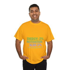 Energy: 2%. Motivation: Also 2%. T-Shirt