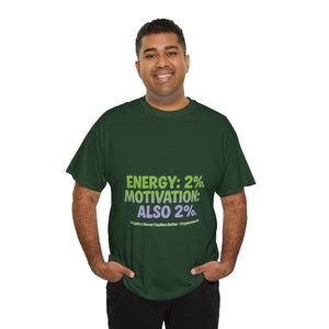 Energy: 2%. Motivation: Also 2%. T-Shirt